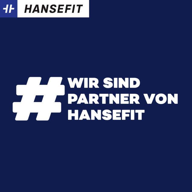Logo von Hansefit mit dem Hashtag &bdquo;# WIR SIND PARTNER VON HANSEFIT&ldquo; auf blauem Hintergrund.