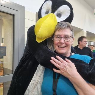 Frau umarmt einen gro&szlig;en Pinguin-Kost&uuml;mtr&auml;ger in einer hellen, belebten Umgebung.