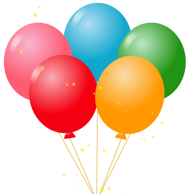 F&uuml;nf bunte Luftballons in Rot, Pink, Blau, Gr&uuml;n und Orange mit einer roten Schleife am Ende ihrer Schn&uuml;re.