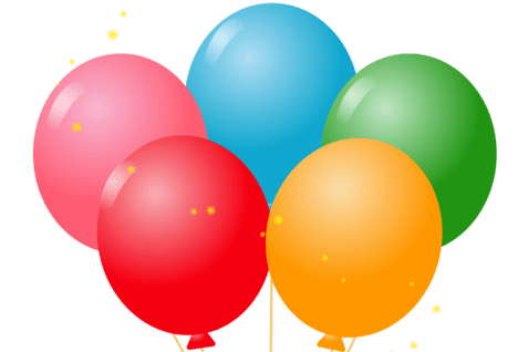 F&uuml;nf bunte Luftballons in Rot, Pink, Blau, Gr&uuml;n und Orange mit einer roten Schleife am Ende ihrer Schn&uuml;re.