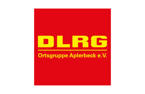 Logo der DLRG-Ortsgruppe Aplerbeck e.V. mit gelbem Text auf rotem Hintergrund.
