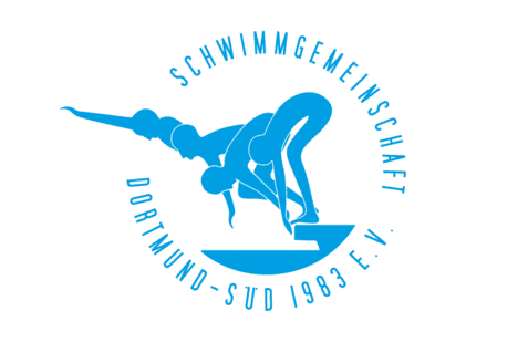 Logo der Schwimmgemeinschaft Dortmund-S&uuml;d 1993 e.V. mit stilisierter Schwimmerfigur in Blau auf wei&szlig;em Hintergrund.