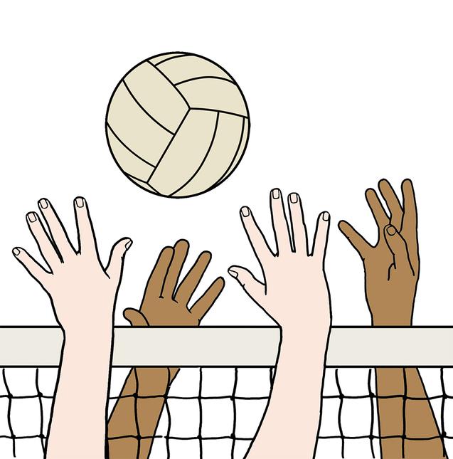 H&auml;nde unterschiedlicher Hautfarben strecken sich nach einem Volleyball &uuml;ber das Netz.