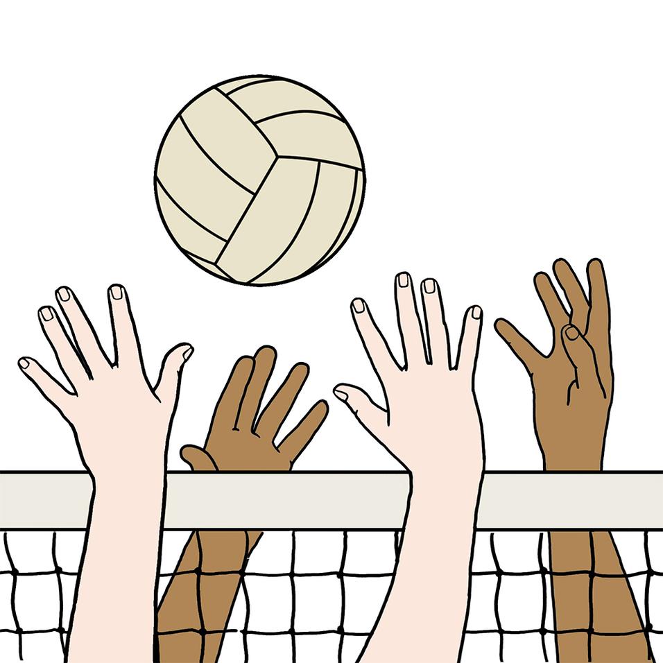 H&auml;nde unterschiedlicher Hautfarben strecken sich nach einem Volleyball &uuml;ber das Netz.